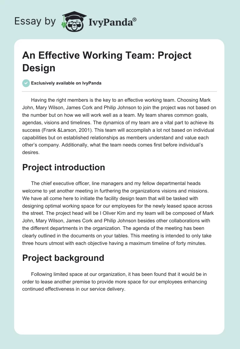 An Effective Working Team: Project Design. Page 1