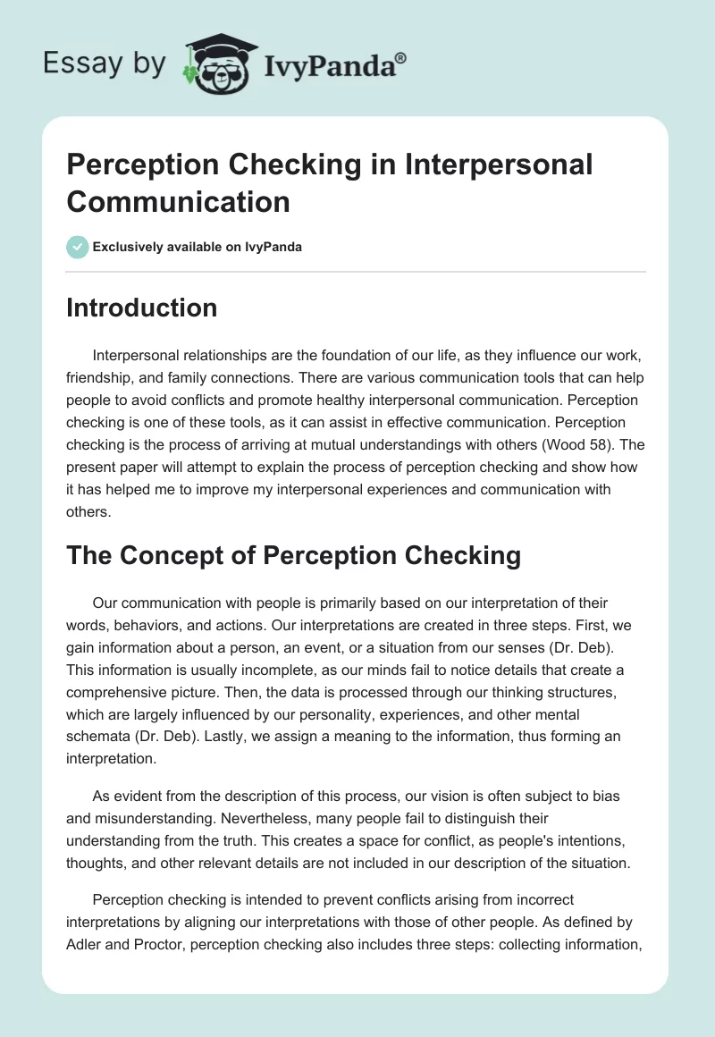 Perception Checking in Interpersonal Communication. Page 1
