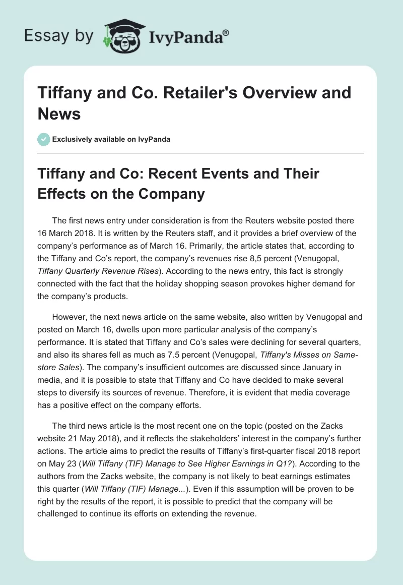 Tiffany and Co. Retailer's Overview and News. Page 1