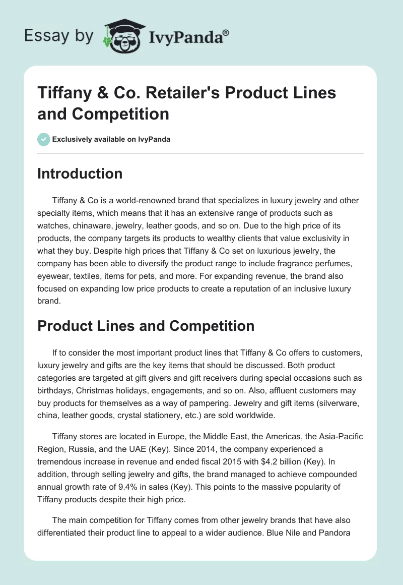Tiffany & Co. Retailer's Product Lines and Competition. Page 1