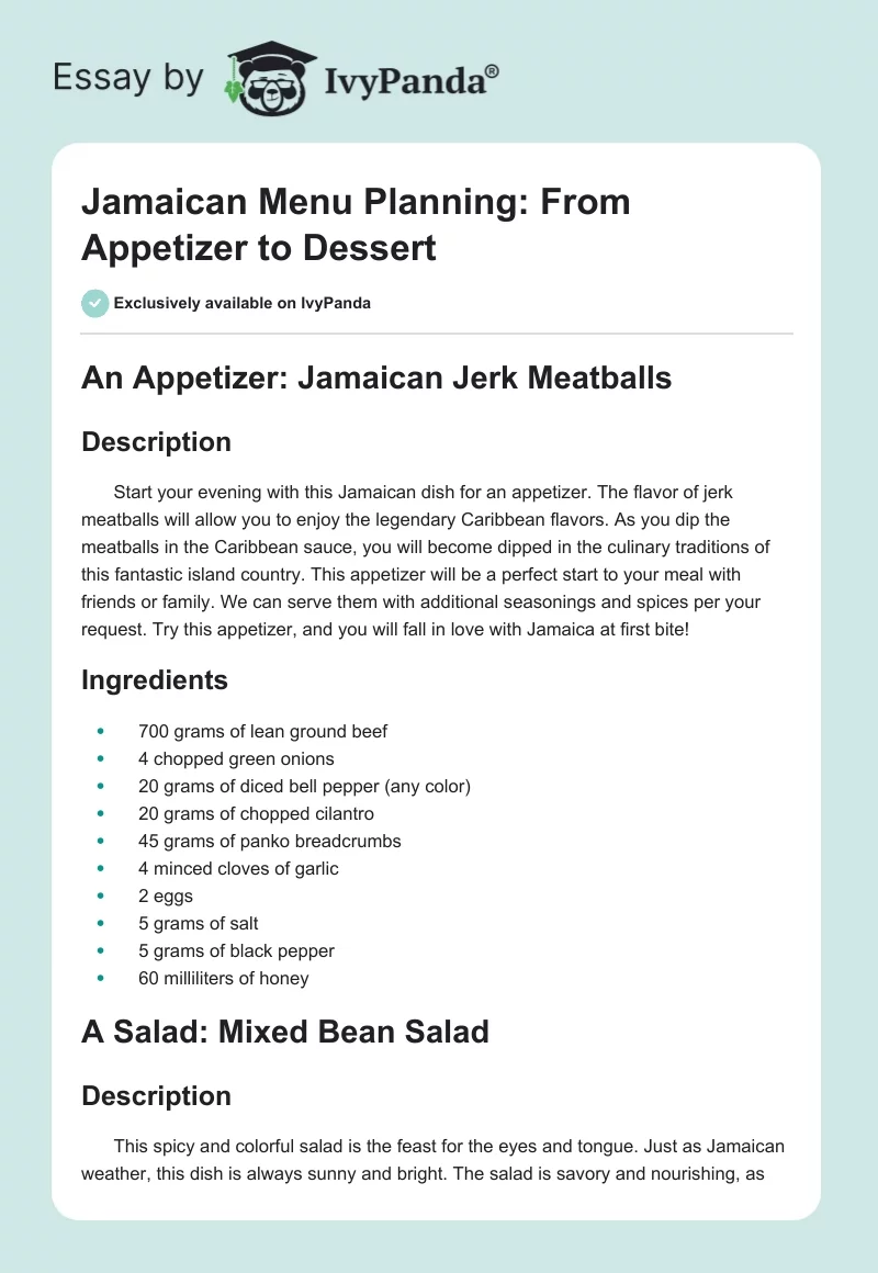Jamaican Menu Planning: From Appetizer to Dessert. Page 1