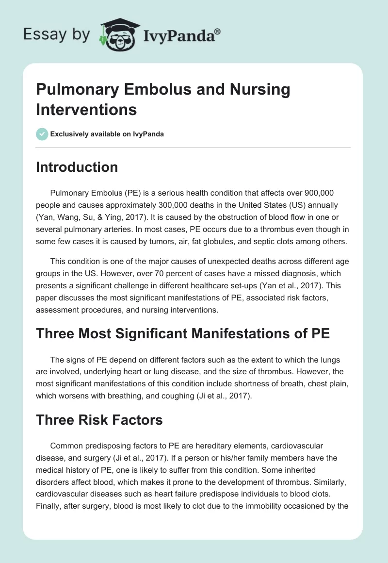 Pulmonary Embolus and Nursing Interventions. Page 1