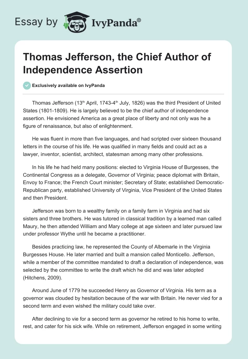 Thomas Jefferson, the Chief Author of Independence Assertion. Page 1