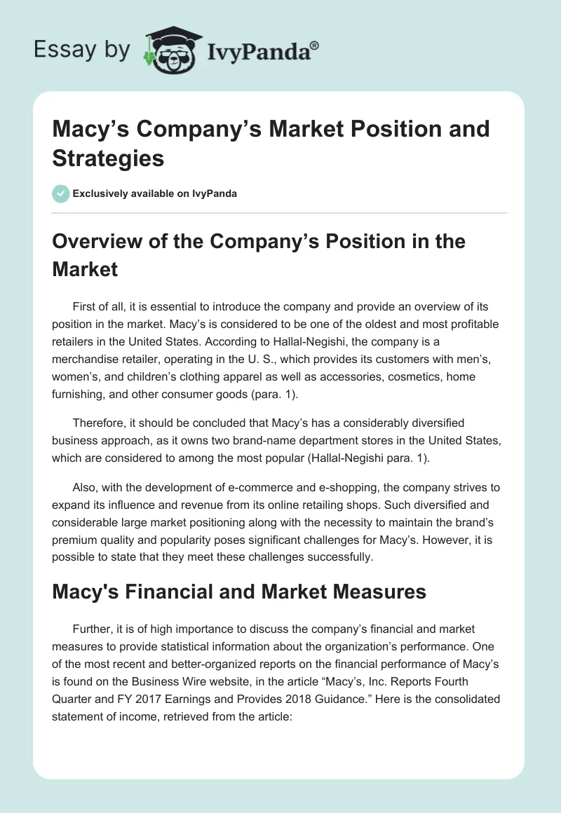Macy’s Company’s Market Position and Strategies. Page 1