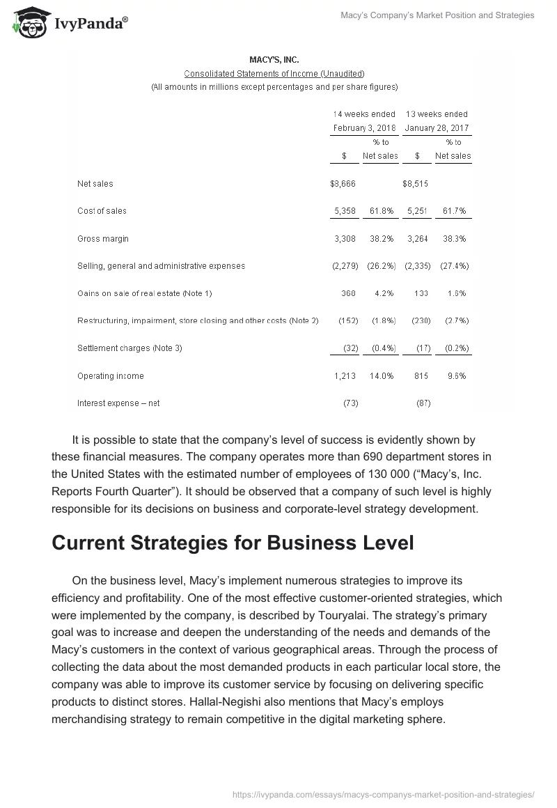 Macy’s Company’s Market Position and Strategies. Page 2