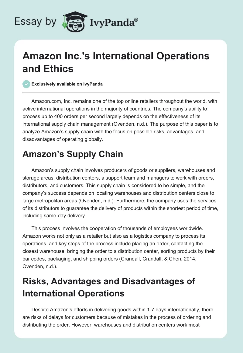 Amazon Inc.'s International Operations and Ethics. Page 1