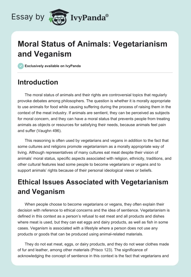 Moral Status of Animals: Vegetarianism and Veganism. Page 1