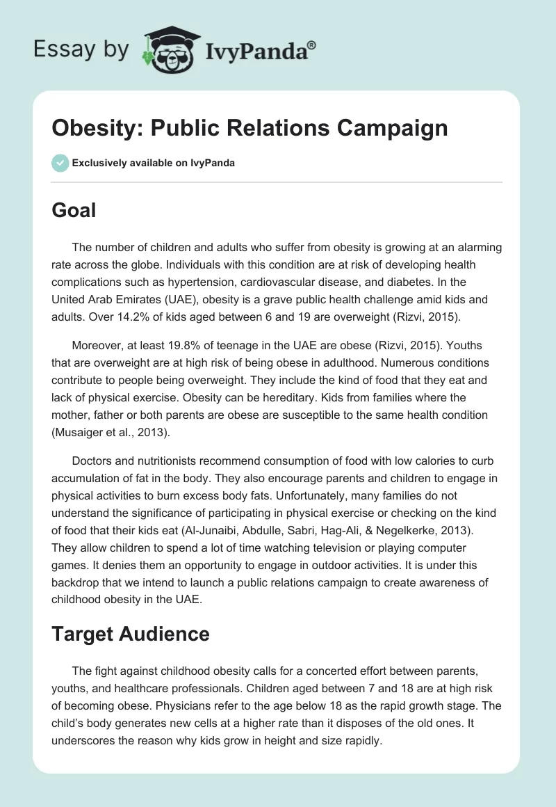 Obesity: Public Relations Campaign. Page 1