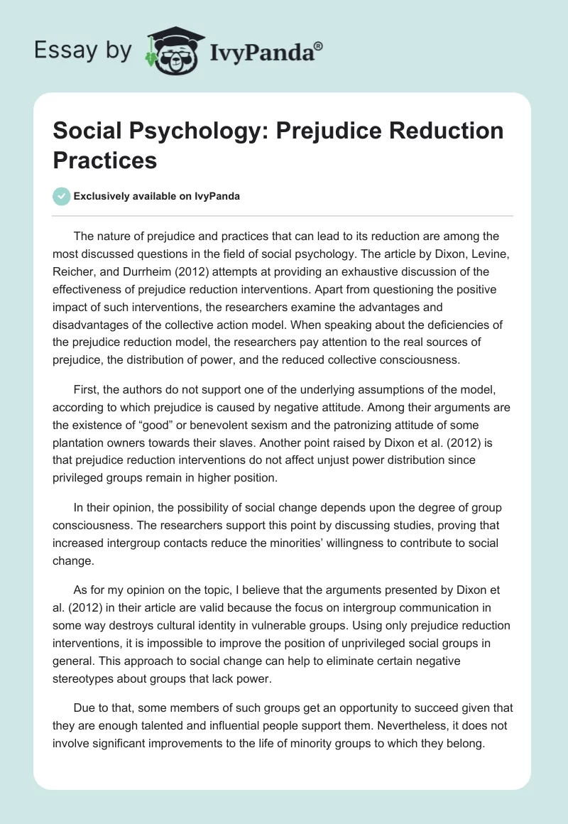 Social Psychology: Prejudice Reduction Practices. Page 1
