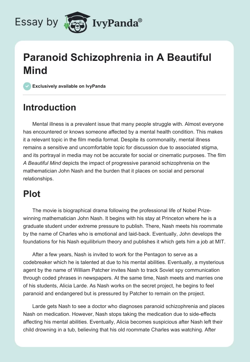 Paranoid Schizophrenia in "A Beautiful Mind". Page 1