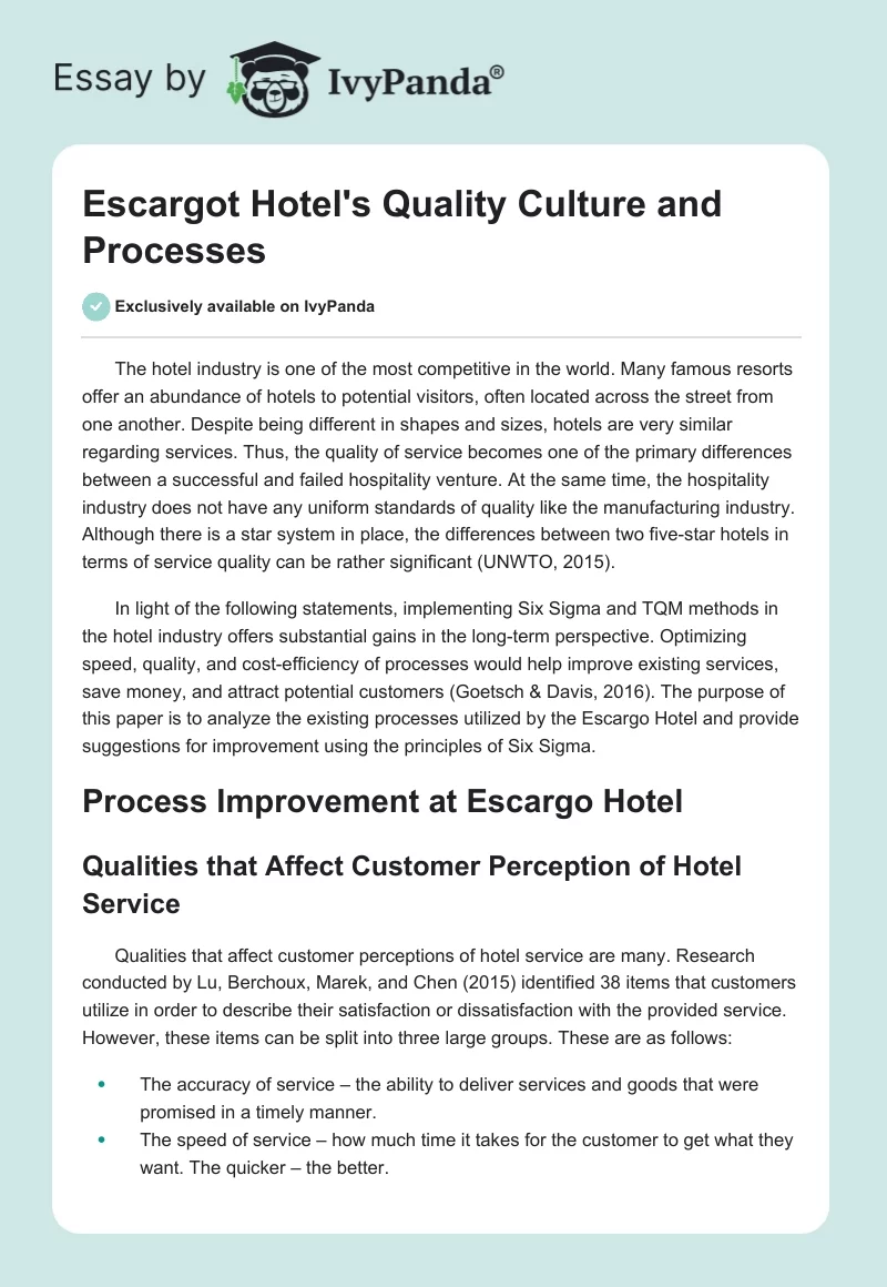 Escargot Hotel's Quality Culture and Processes. Page 1