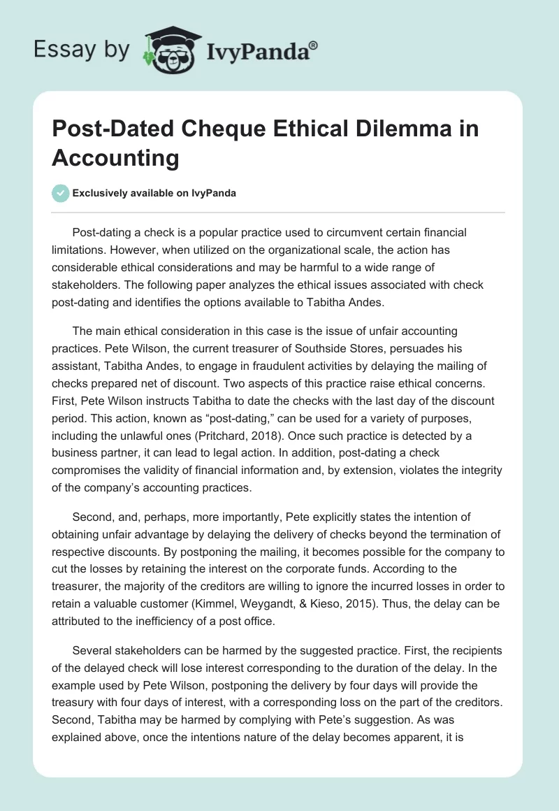Post-Dated Cheque Ethical Dilemma in Accounting. Page 1