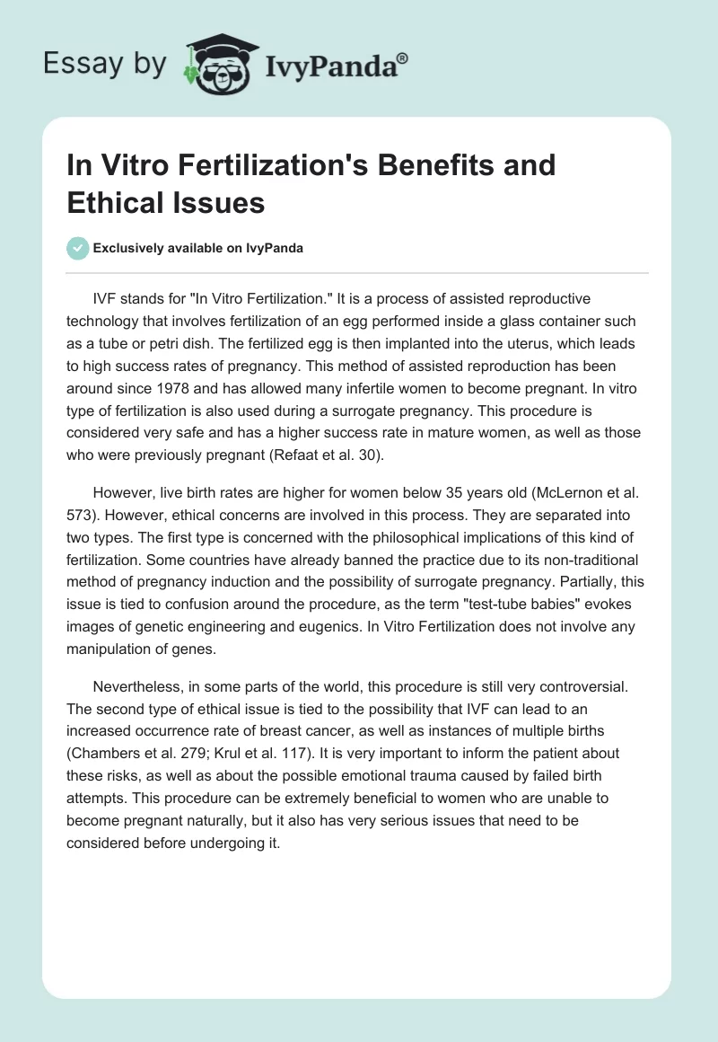 In Vitro Fertilization's Benefits and Ethical Issues. Page 1