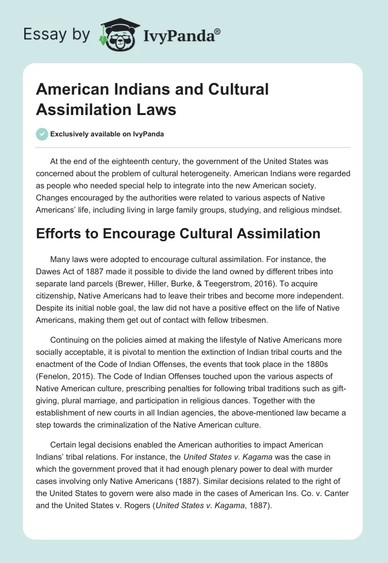 American Indians and Cultural Assimilation Laws. Page 1