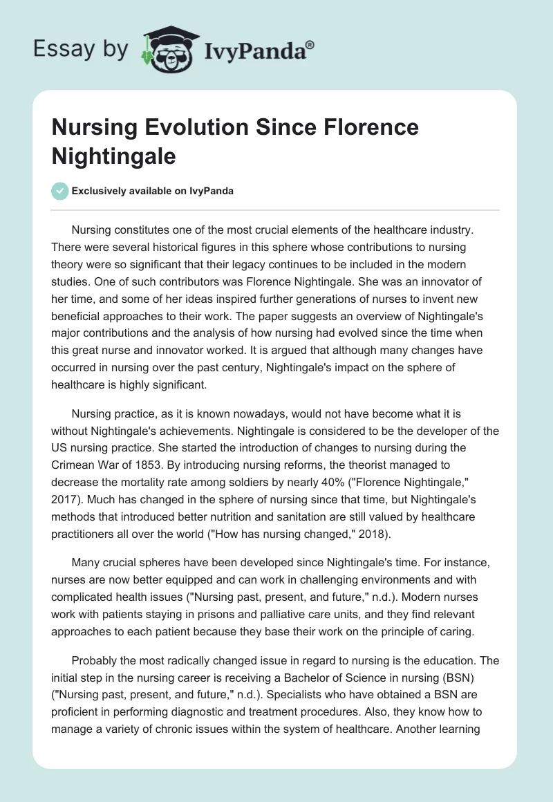 Nursing Evolution Since Florence Nightingale. Page 1