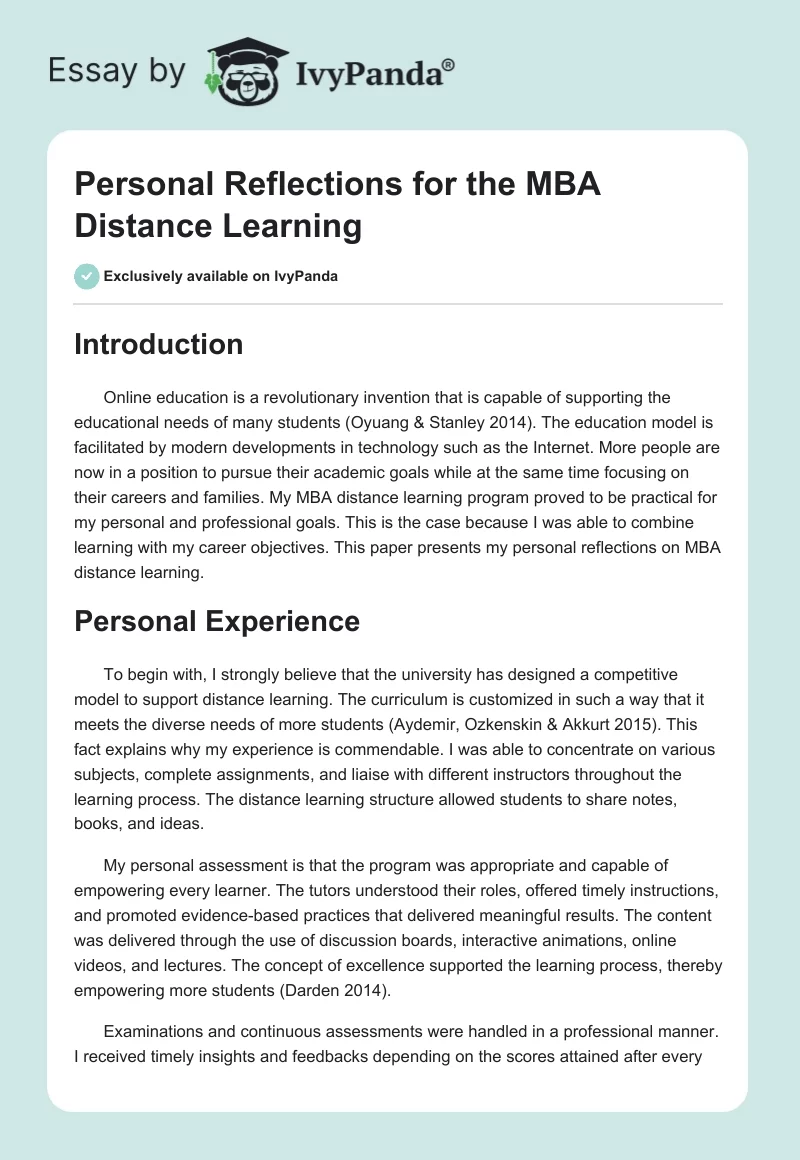 Personal Reflections for the MBA Distance Learning. Page 1