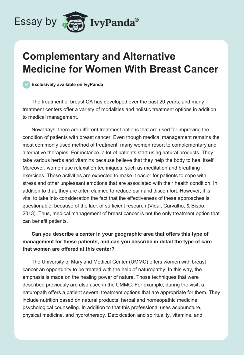 Complementary and Alternative Medicine for Women With Breast Cancer. Page 1