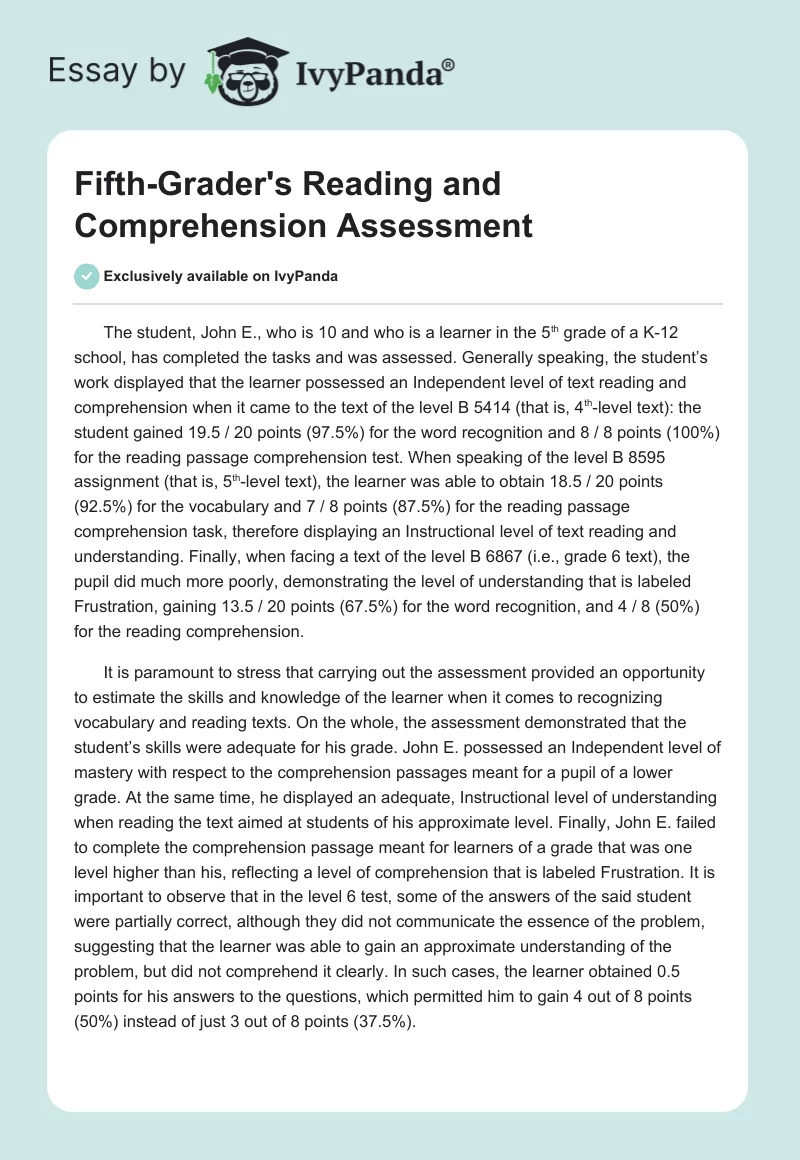 Fifth-Grader's Reading and Comprehension Assessment. Page 1