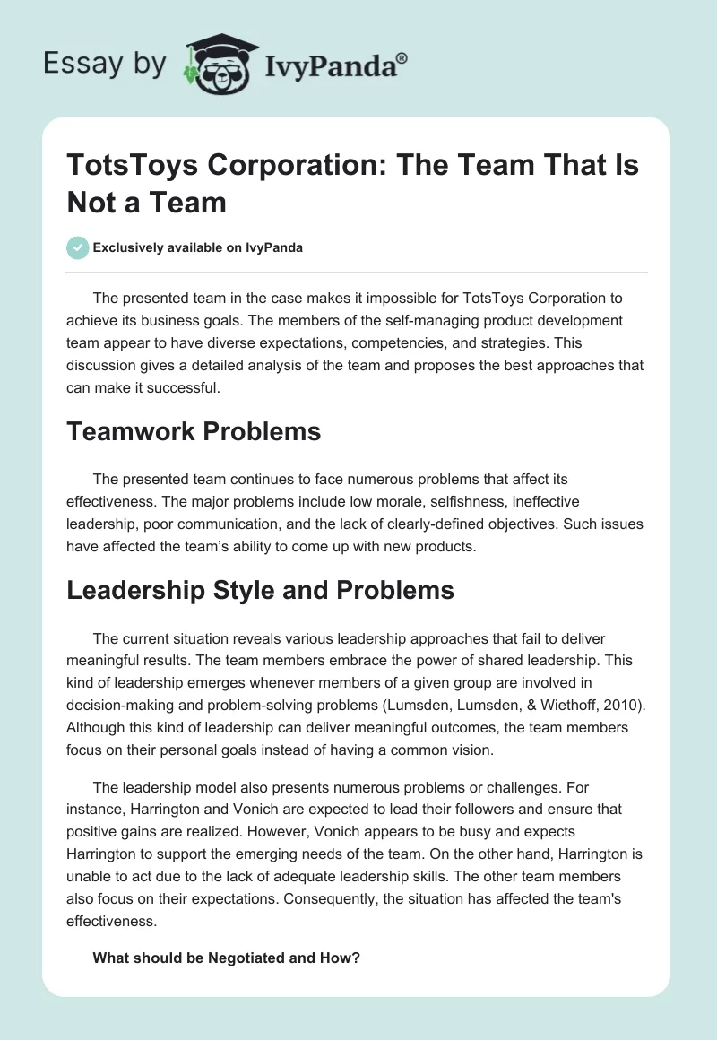 TotsToys Corporation: The Team That Is Not a Team. Page 1