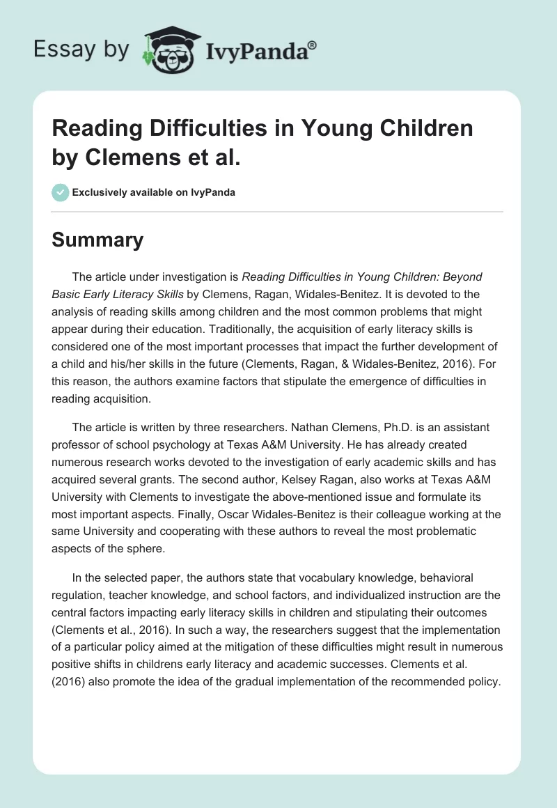 "Reading Difficulties in Young Children" by Clemens et al.. Page 1