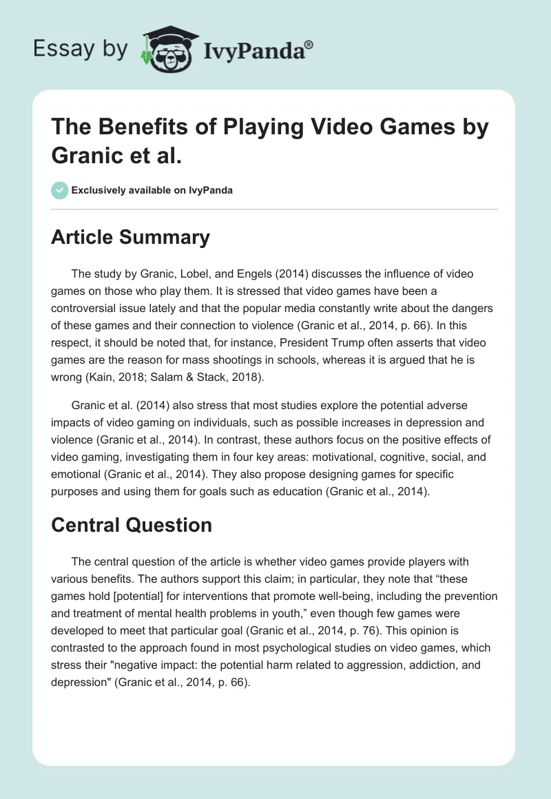 "The Benefits of Playing Video Games" by Granic et al.. Page 1