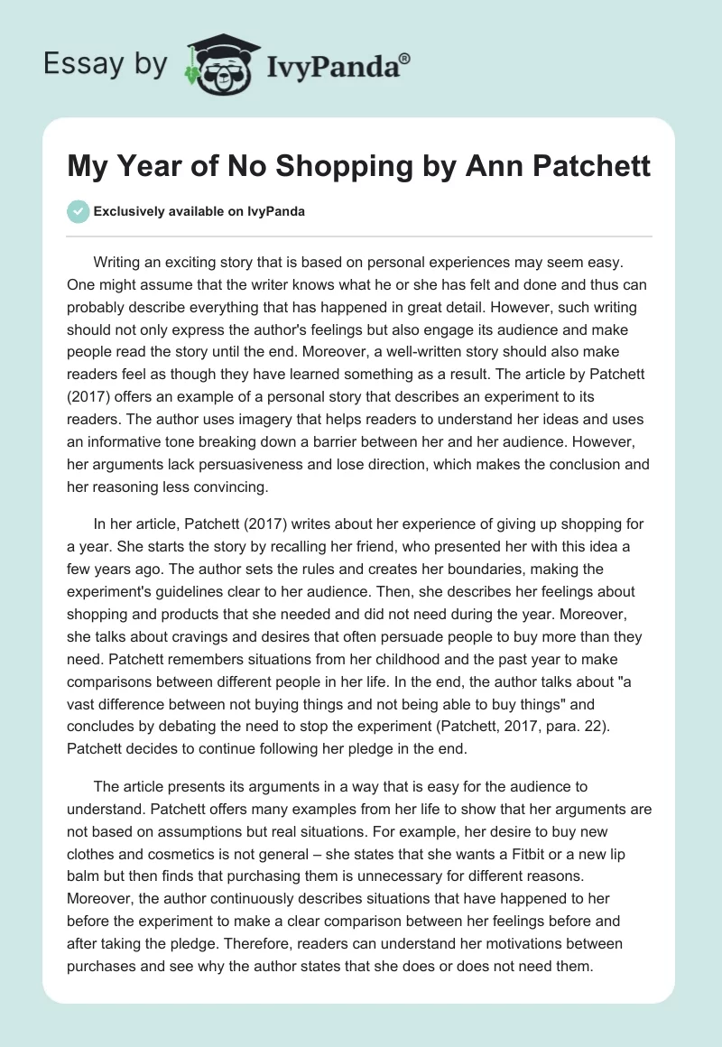 "My Year of No Shopping" by Ann Patchett. Page 1