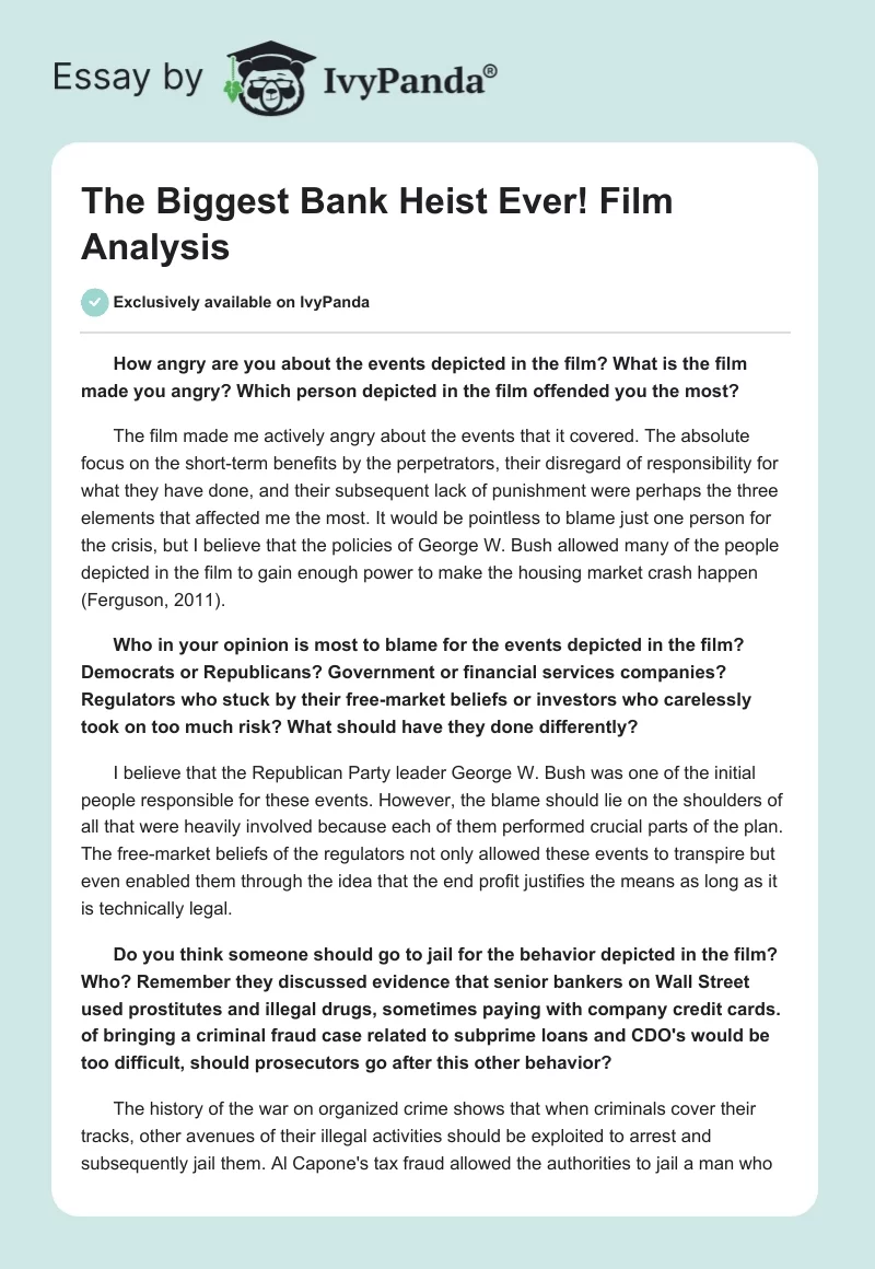 "The Biggest Bank Heist Ever!" Film Analysis. Page 1