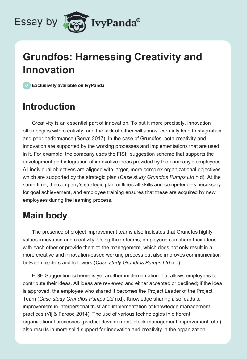 Grundfos: Harnessing Creativity and Innovation. Page 1