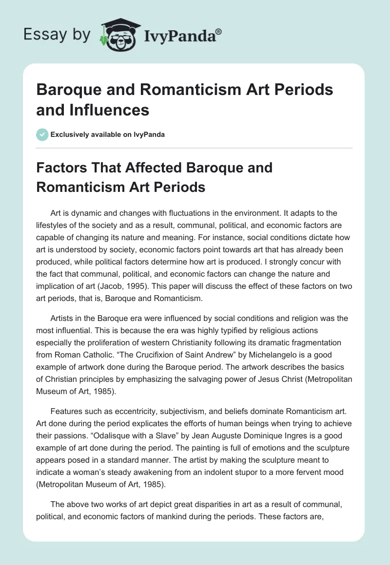 Baroque and Romanticism Art Periods and Influences. Page 1