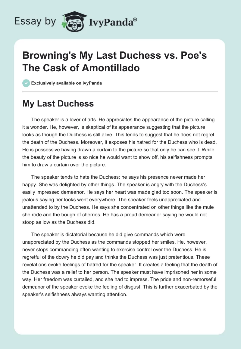 Browning's "My Last Duchess" vs. Poe's "The Cask of Amontillado". Page 1