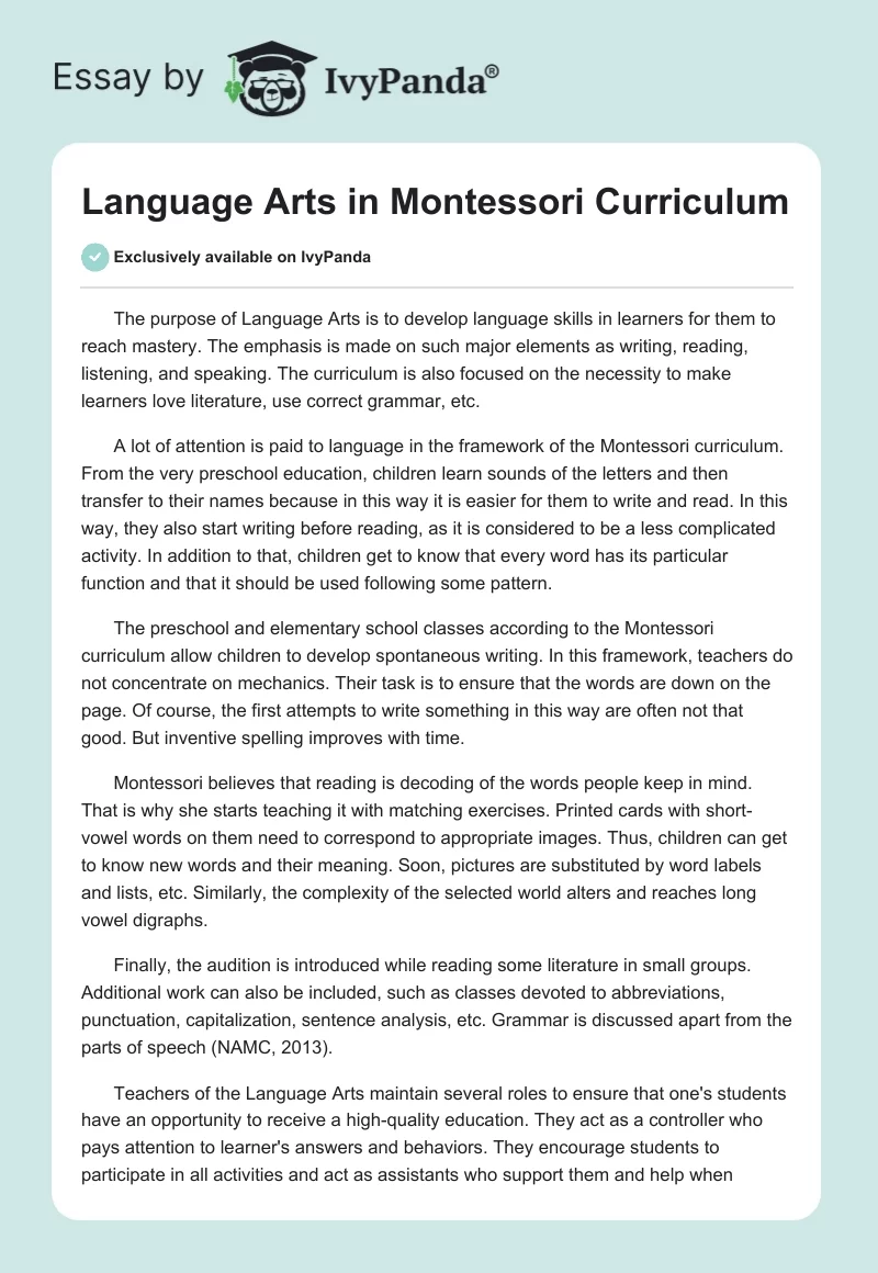 Language Arts in Montessori Curriculum. Page 1