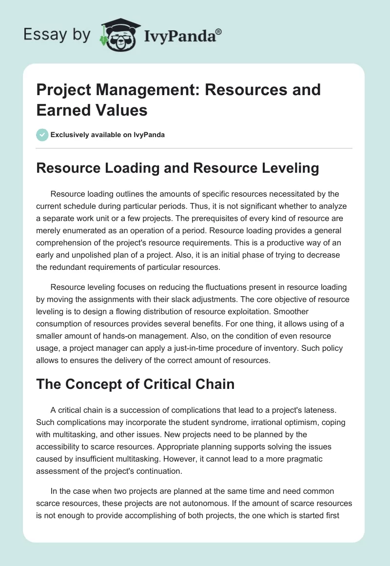 Project Management: Resources and Earned Values. Page 1