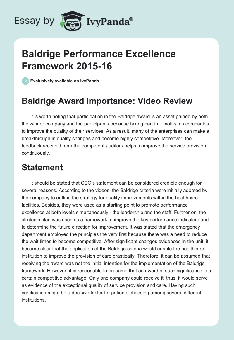 Baldrige Performance Excellence Framework 2015-16. Page 1