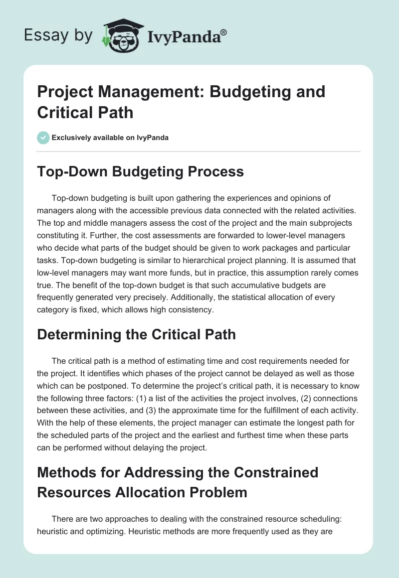 Project Management: Budgeting and Critical Path. Page 1