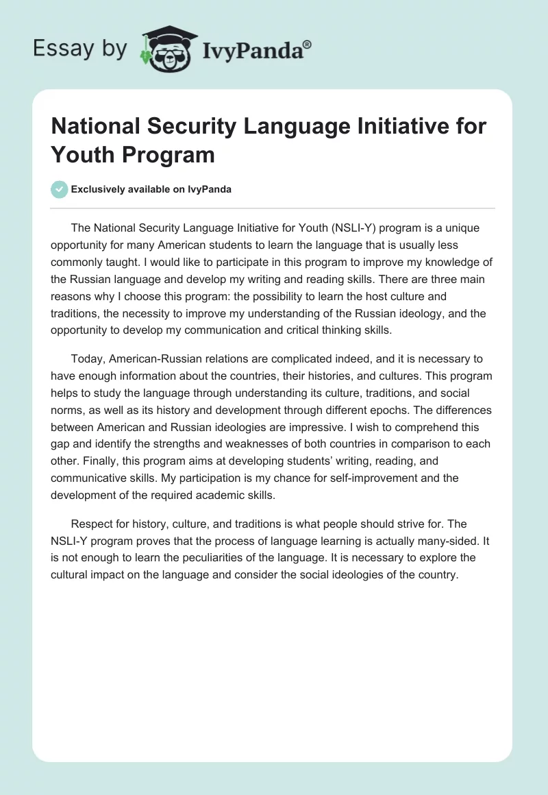 National Security Language Initiative for Youth Program. Page 1
