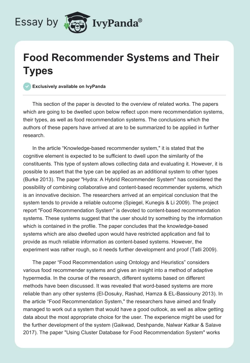 Food Recommender Systems and Their Types. Page 1