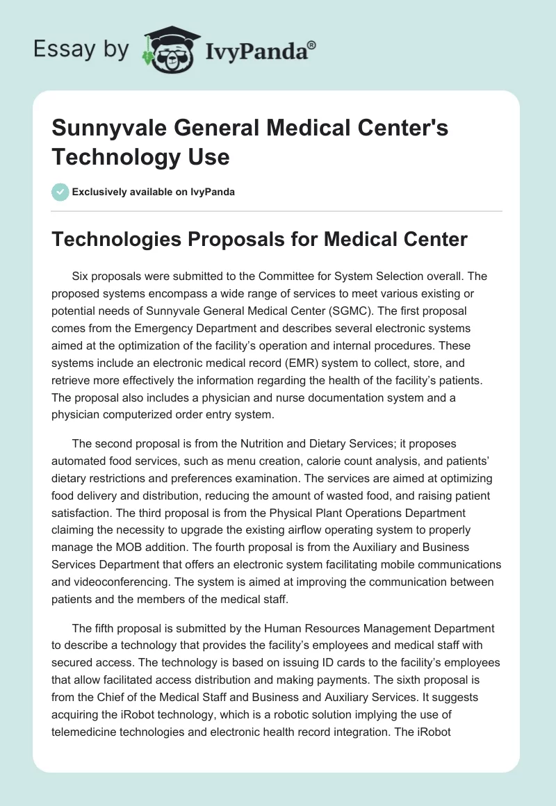 Sunnyvale General Medical Center's Technology Use. Page 1