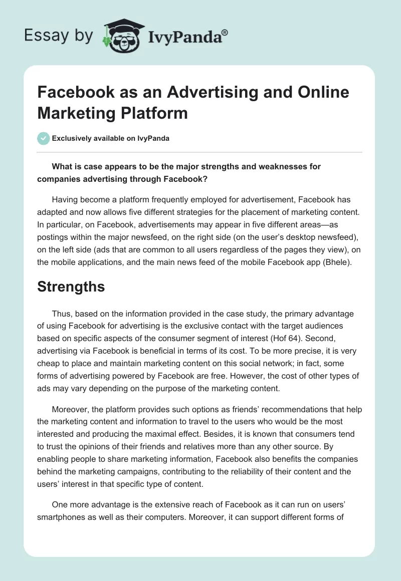 Facebook as an Advertising and Online Marketing Platform. Page 1