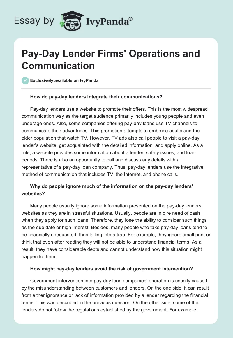 Pay-Day Lender Firms' Operations and Communication. Page 1