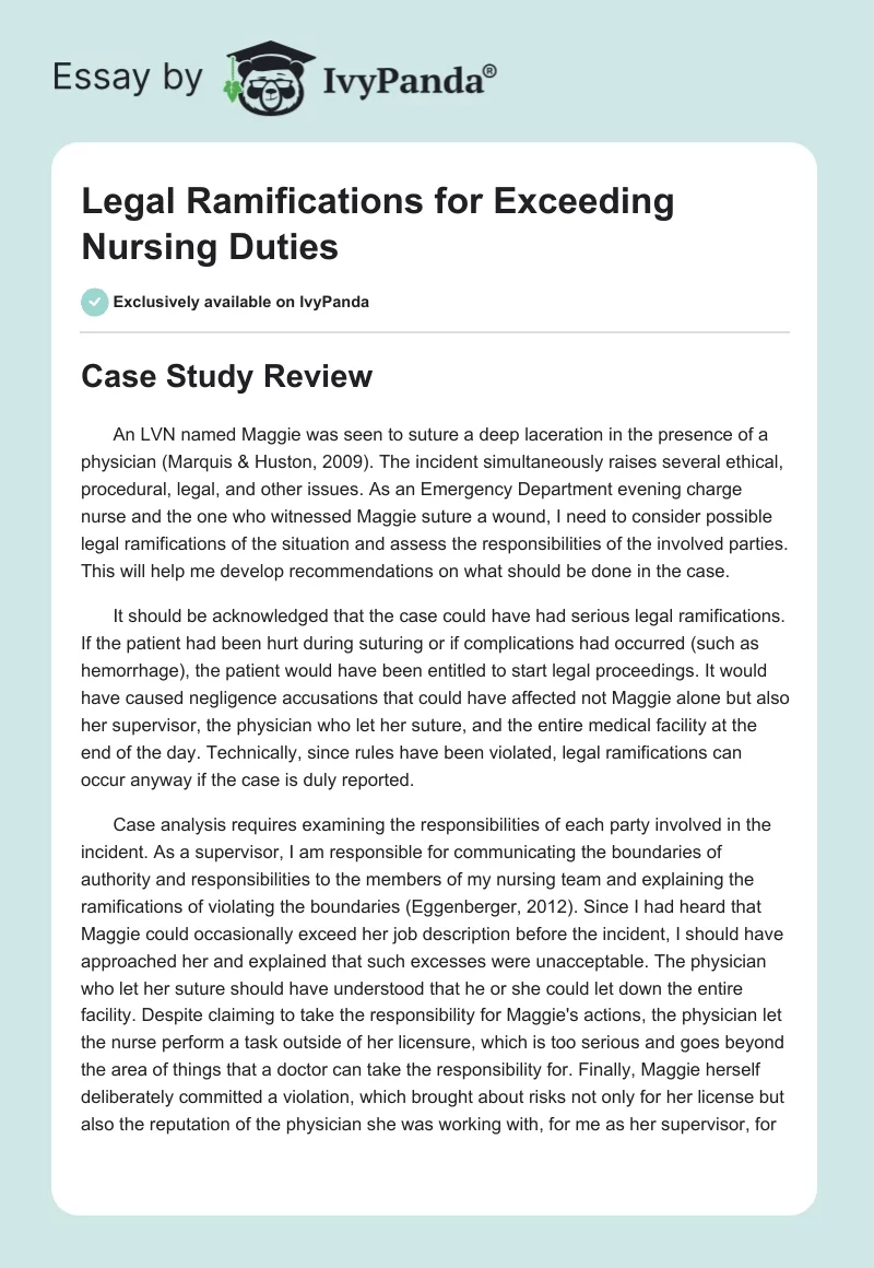 Legal Ramifications for Exceeding Nursing Duties. Page 1