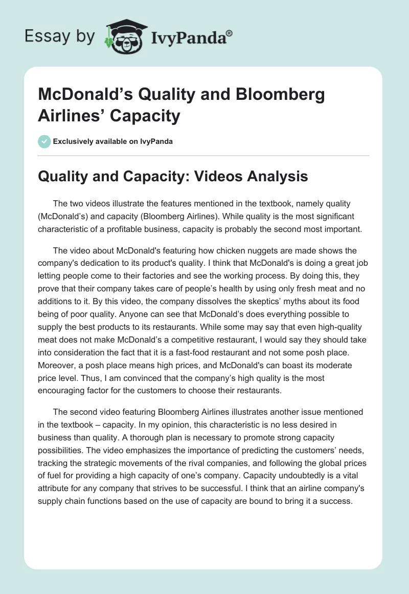 McDonald’s Quality and Bloomberg Airlines’ Capacity. Page 1