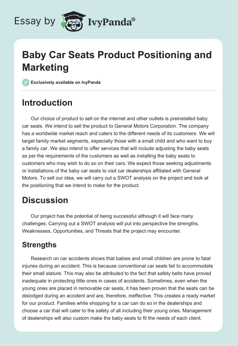 Baby Car Seats Product Positioning and Marketing. Page 1