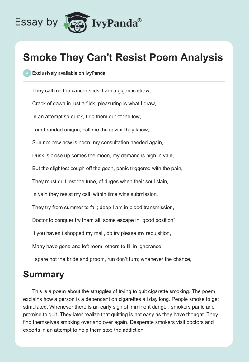 "Smoke They Can't Resist" Poem Analysis. Page 1