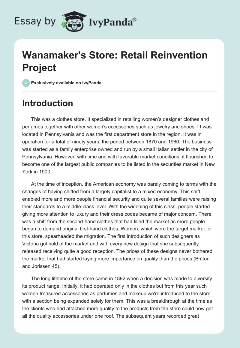 Wanamaker's Store: Retail Reinvention Project. Page 1