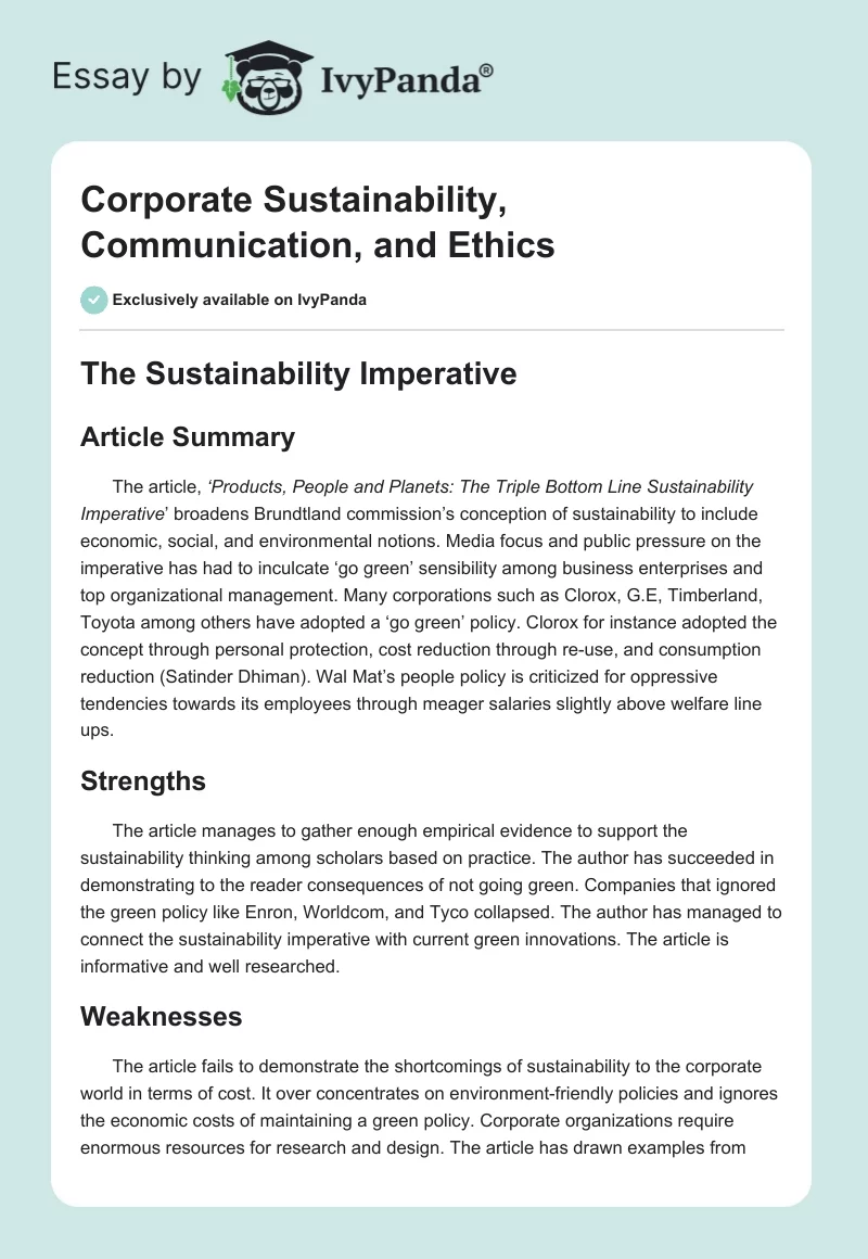 Corporate Sustainability, Communication, and Ethics. Page 1