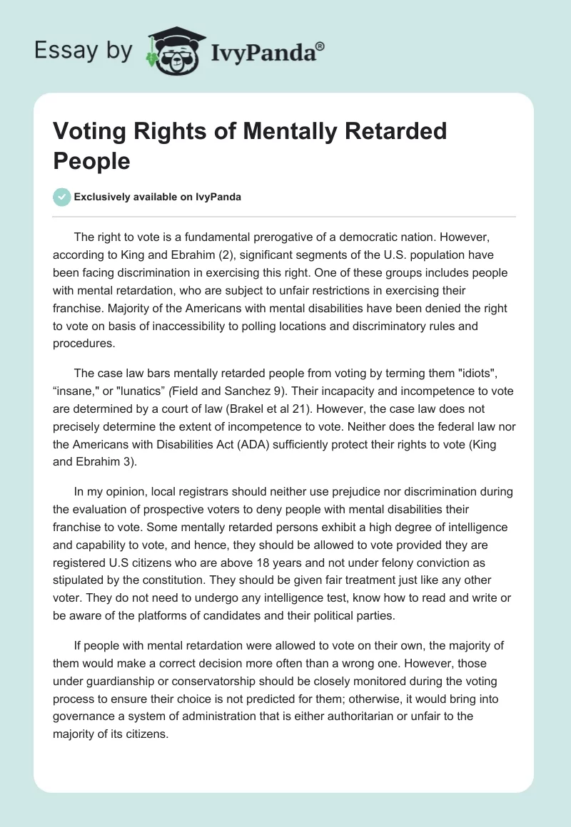 Voting Rights of Mentally Retarded People. Page 1