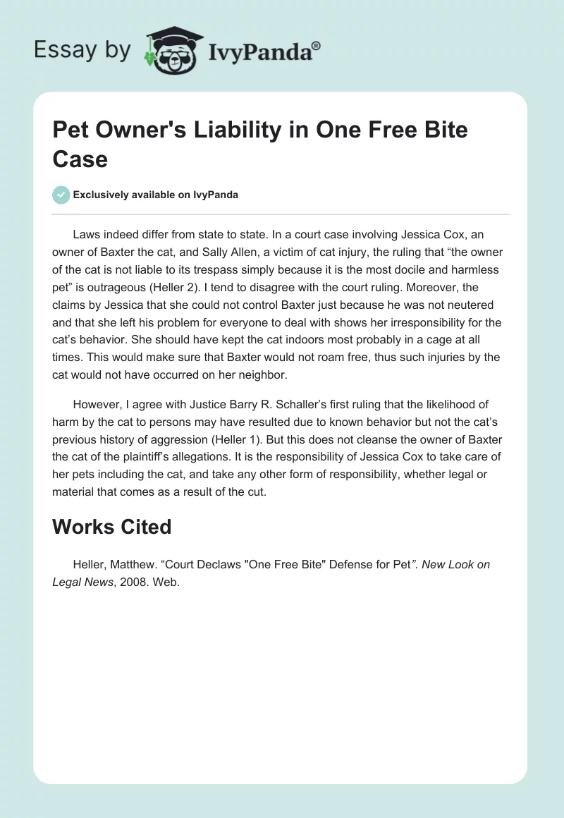 Pet Owner's Liability in "One Free Bite" Case. Page 1
