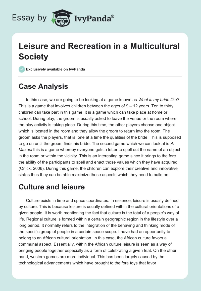 Leisure and Recreation in a Multicultural Society. Page 1