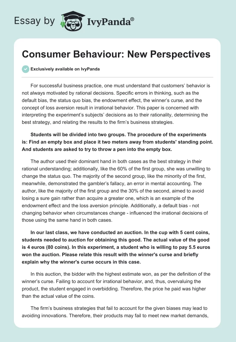 Consumer Behaviour: New Perspectives. Page 1