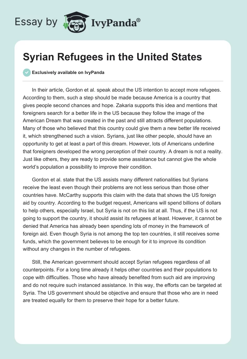 Syrian Refugees in the United States. Page 1